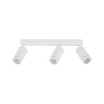 Lampa sufitowa Jet z trzema punktami świetlnymi GU10 w białej obudowie. Ujęcie frontalne, prezentujące minimalistyczny design i cylindryczne klosze. Montaż na suficie, na jednolitym białym tle.