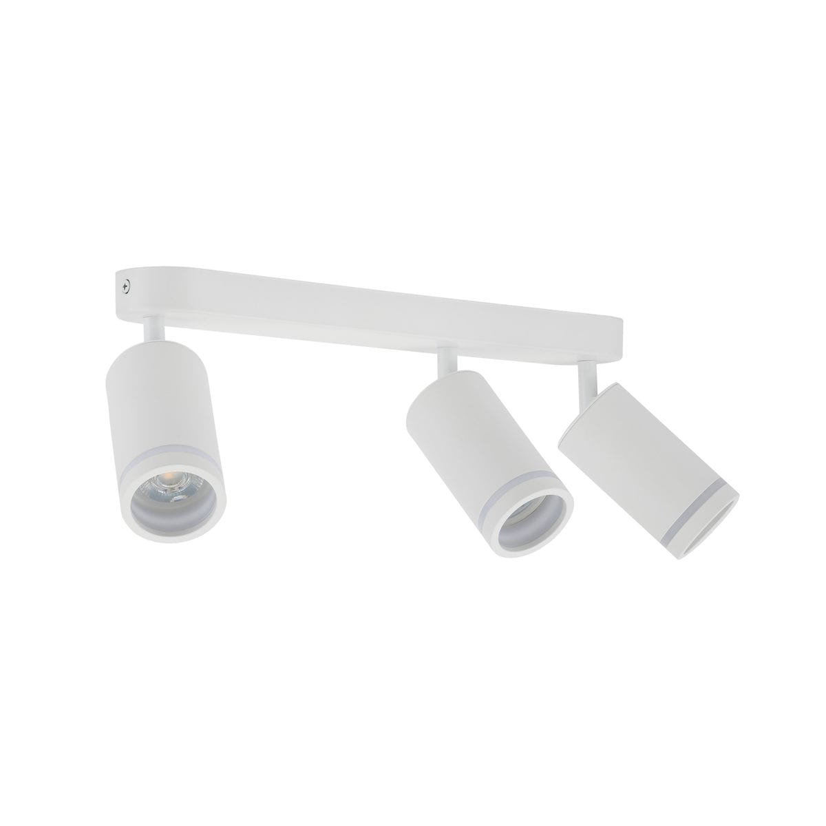 Lampa sufitowa Jet z trzema spotami, w kolorze białym, na prostokątnej podstawie. Każdy z reflektorów ma cylindryczny kształt z delikatnym wykończeniem. Ułożona poziomo, przeznaczona do montażu sufitowego. Wymaga żarówek GU10.