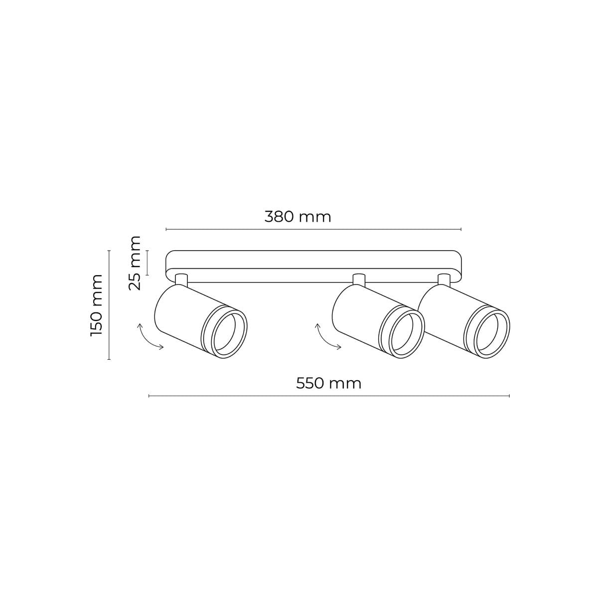 Lampa sufitowa Jet w kolorze białym, z trzema regulowanymi reflektorami GU10. Wymiary: długość 550 mm, szerokość 380 mm, wysokość 150 mm, grubość 25 mm. Prosty, nowoczesny design, idealna do oświetlenia wnętrz.