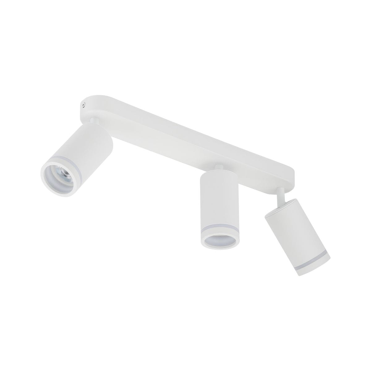 Lampa sufitowa Jet z trzema reflektorami GU10 w białym kolorze. Ułożona poziomo na prostokątnej podstawie, dwa reflektory są ruchome, co umożliwia kierowanie światła. Prosty, nowoczesny design z delikatnymi detalami.
