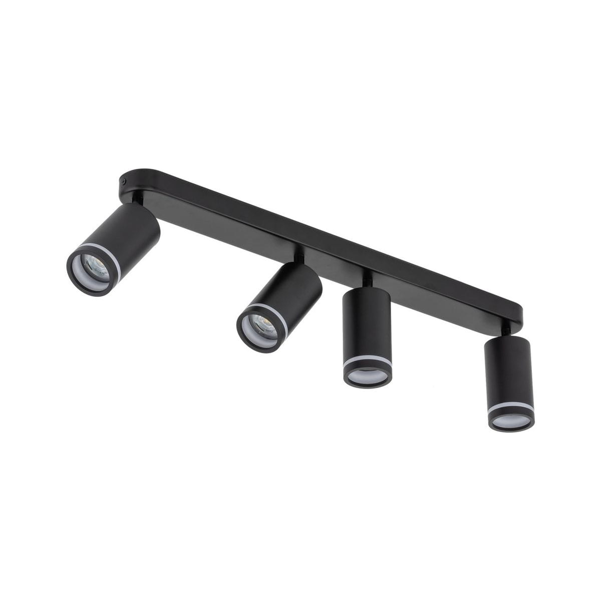 Czarna lampa sufitowa typu spot z czterema reflektorami GU10, zamontowana na prostokątnej podstawie. Reflektory mają cylindryczny kształt i są skierowane w różnych kierunkach. Produkt wiszący, na jednolitym tle.