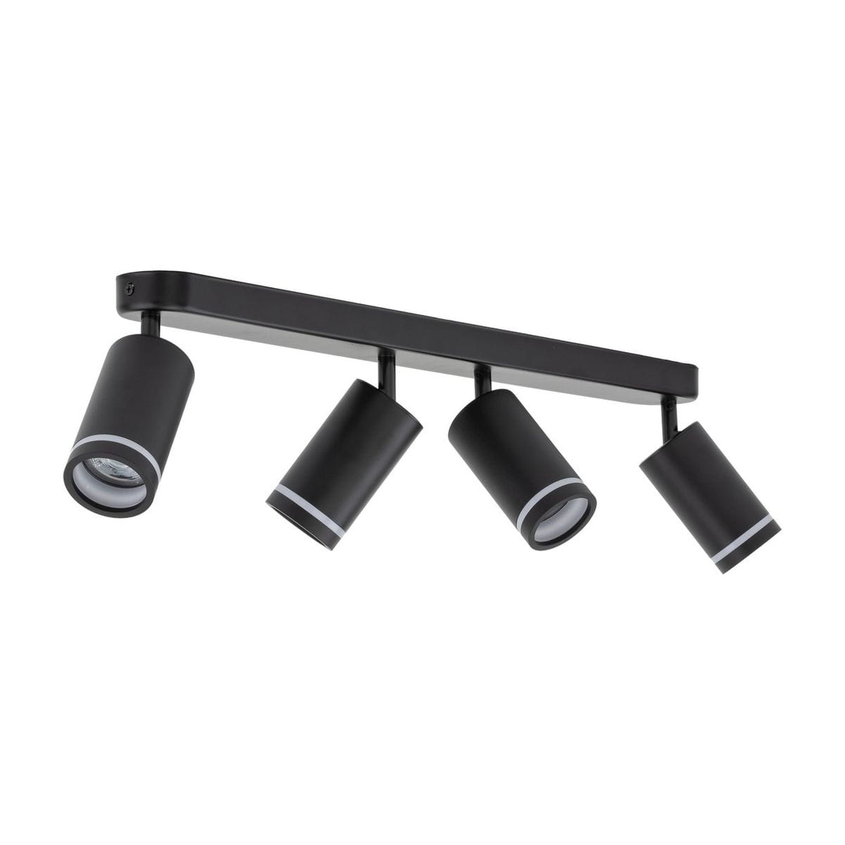 Czarna lampa sufitowa typu spot z czterema reflektorami GU10, zamontowana na prostokątnej listwie. Reflektory mają cylindryczny kształt z białymi detalami. Produkt widoczny z boku, na jednolitym tle.