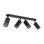 Czarna lampa sufitowa typu spot z czterema reflektorami GU10, zamontowana na prostokątnej listwie. Reflektory mają cylindryczny kształt z białymi detalami. Produkt widoczny z boku, na jednolitym tle.
