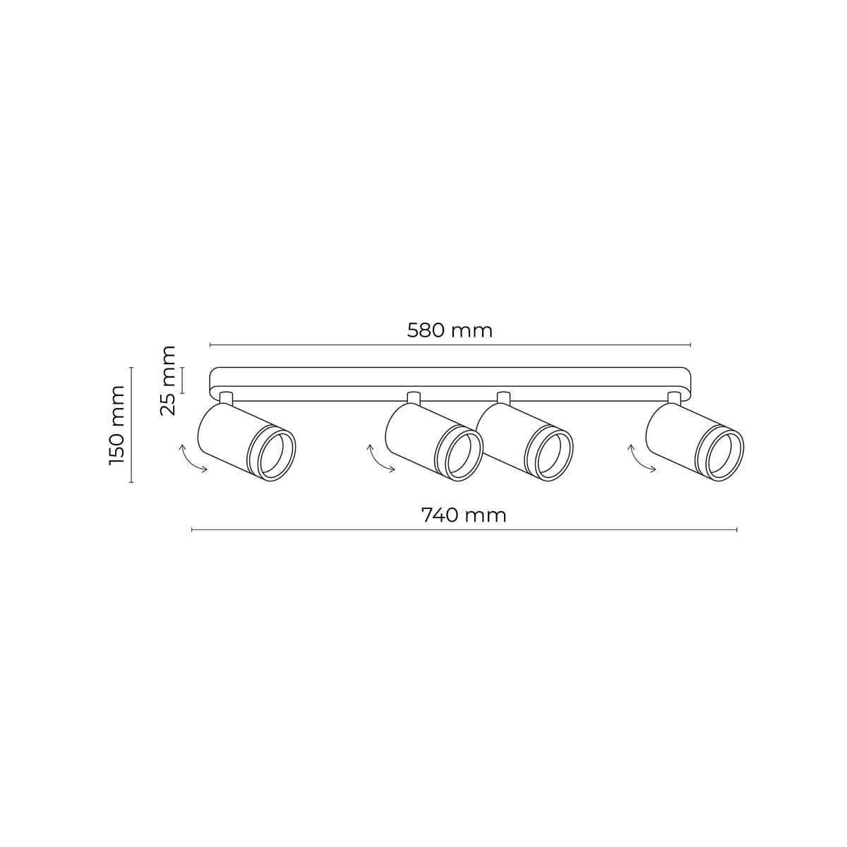 Lampa sufitowa Jet, biały spot, z czterema oprawami GU10. Wymiary: długość 740 mm, szerokość 580 mm, wysokość 150 mm, grubość 25 mm. Ujęcie frontalne, pokazujące możliwość regulacji kąta świecenia.