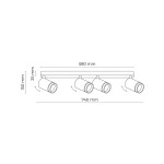 Lampa sufitowa Jet, biały spot, z czterema oprawami GU10. Wymiary: długość 740 mm, szerokość 580 mm, wysokość 150 mm, grubość 25 mm. Ujęcie frontalne, pokazujące możliwość regulacji kąta świecenia.