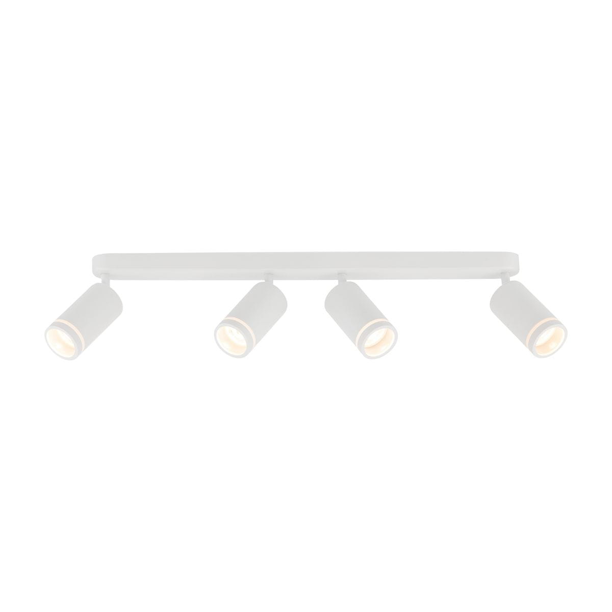 Lampa sufitowa Jet w kolorze białym z czterema spotami na żarówki GU10. Ułożona poziomo, z widocznymi, cylindrycznymi kloszami skierowanymi w dół. Prosty design, idealna do nowoczesnych wnętrz.