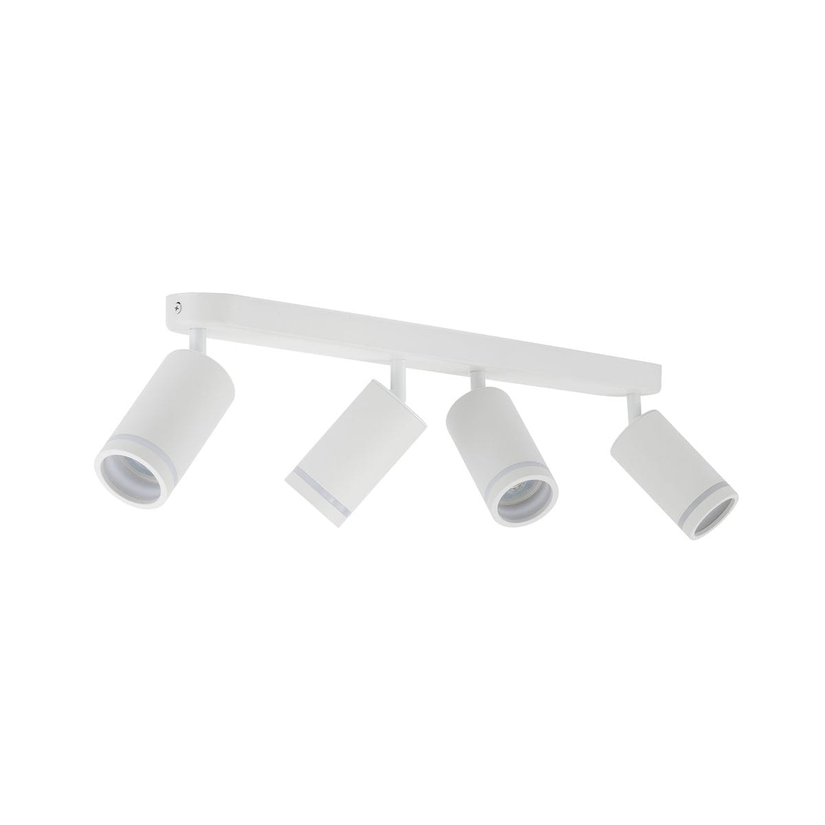 Lampa sufitowa Jet z czterema reflektorami GU10 w kolorze białym. Ułożona poziomo, z cylindrycznymi kloszami, zawieszona na prostokątnej podstawie. Klasyczny design, idealna do oświetlenia wnętrz.
