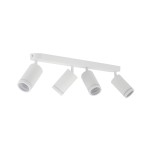 Lampa sufitowa Jet z czterema reflektorami GU10 w kolorze białym. Ułożona poziomo, z cylindrycznymi kloszami, zawieszona na prostokątnej podstawie. Klasyczny design, idealna do oświetlenia wnętrz.