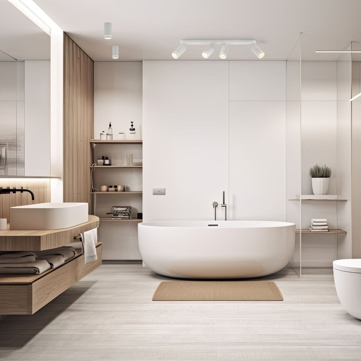 Lampa sufitowa Jet 1xGU10 w kolorze białym, zamontowana na suficie, z trzema regulowanymi reflektorami. Produkt umieszczony w nowoczesnej łazience z wanną, drewnianymi elementami i minimalistycznym wystrojem.