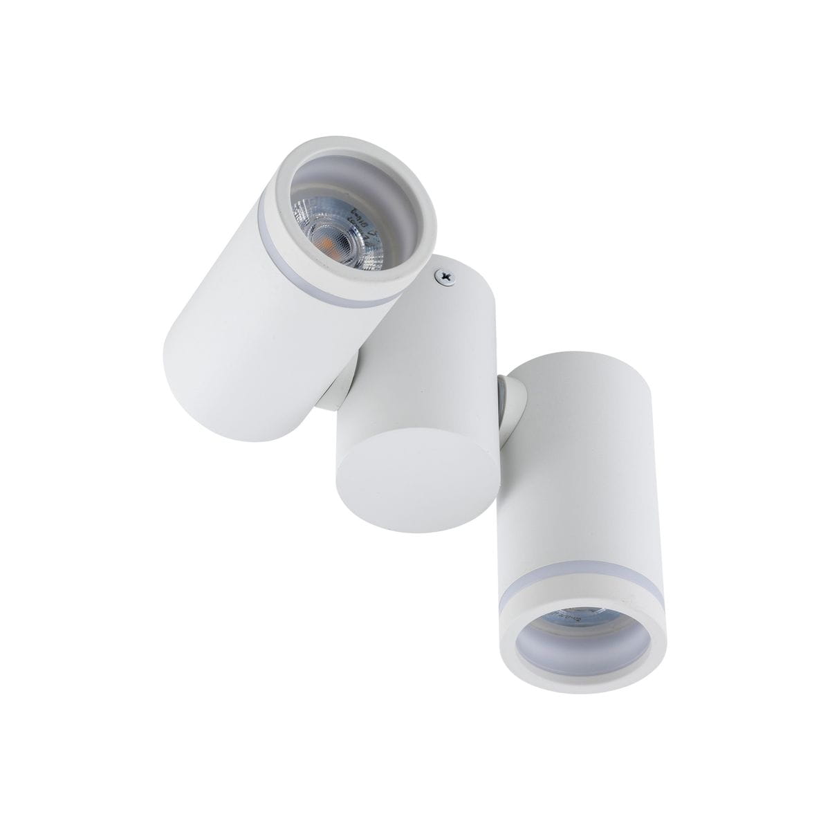 Lampa sufitowa Jet w kolorze białym z dwoma ruchomymi spotami, wyposażona w gniazda GU10. Cylindryczny kształt, matowa powierzchnia, zamontowana na ścianie sufitowej, idealna do oświetlenia wnętrz.