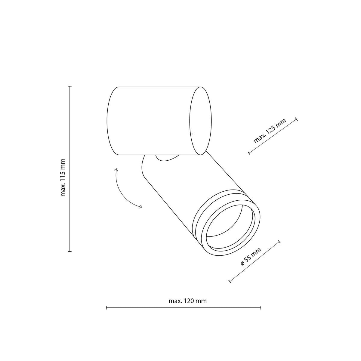 Kinkiet Jet w kolorze czarnym, z jednym gwintem GU10. Okrągła głowica o średnicy 55 mm, regulowana w pionie i poziomie. Wymiary maksymalne: długość 120 mm, wysokość 115 mm, wysokość głowicy 125 mm.
