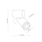 Kinkiet Jet w kolorze czarnym, z jednym gwintem GU10. Okrągła głowica o średnicy 55 mm, regulowana w pionie i poziomie. Wymiary maksymalne: długość 120 mm, wysokość 115 mm, wysokość głowicy 125 mm.