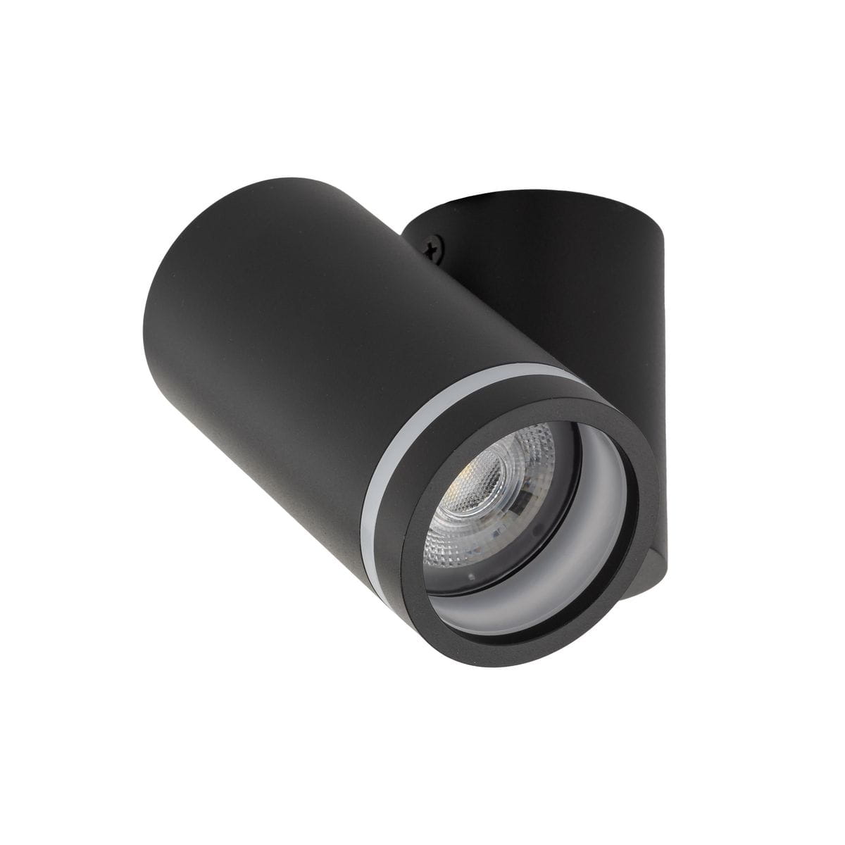 Jet kinkiet (spot) 1xGU10 w kolorze czarnym, cylindryczny kształt z metalowym wykończeniem, zamontowany na ścianie. Widoczna lampa GU10 wewnątrz, z delikatnym srebrnym paskiem na obrzeżu.