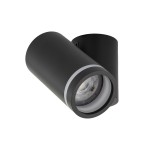 Jet kinkiet (spot) 1xGU10 w kolorze czarnym, cylindryczny kształt z metalowym wykończeniem, zamontowany na ścianie. Widoczna lampa GU10 wewnątrz, z delikatnym srebrnym paskiem na obrzeżu.