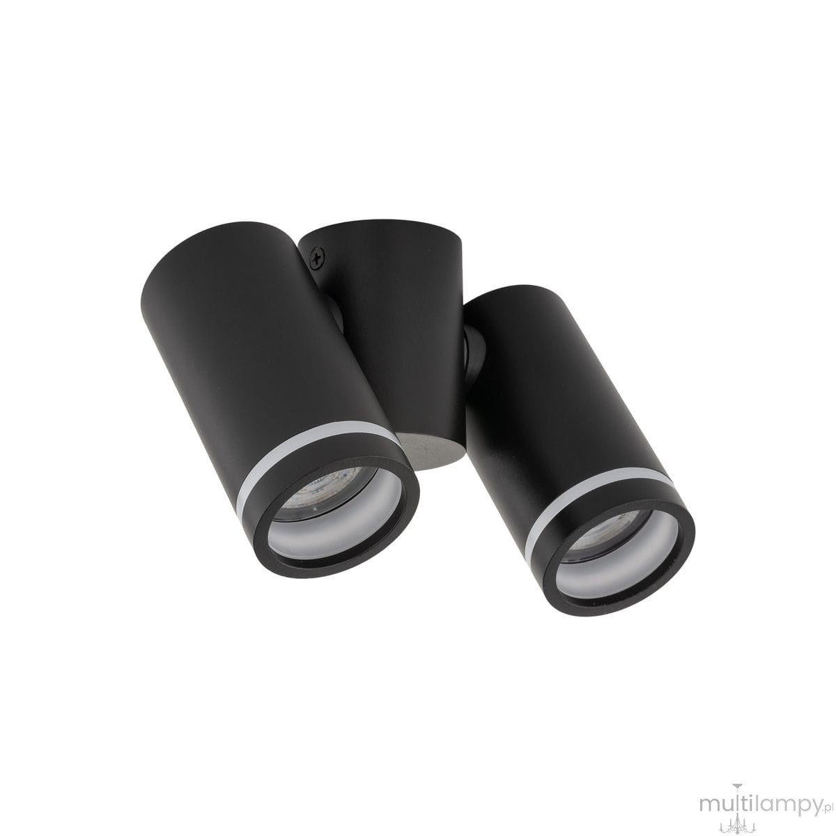 Lampa sufitowa Jet w kolorze czarnym z dwoma reflektorami GU10, montowana na suficie. Cylindryczne oprawy z białymi obręczami, ustawione pod różnymi kątami, zapewniają kierunkowe oświetlenie. Prosty design bez dodatkowych zdobień.
