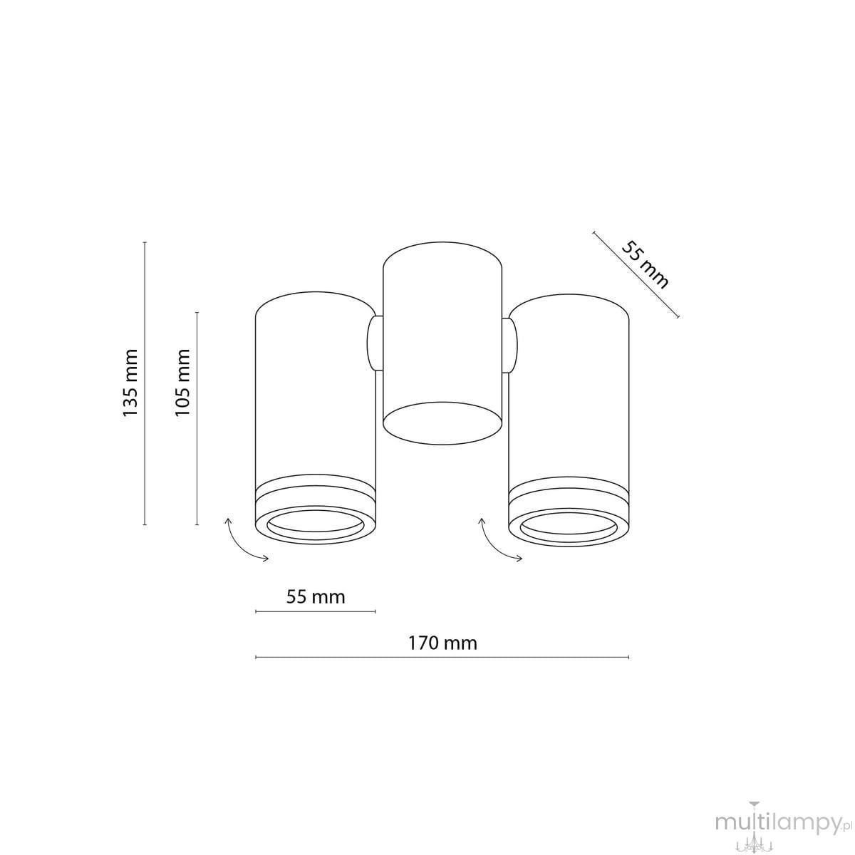 Lampa sufitowa Jet w kolorze czarnym, z dwoma punktami świetlnymi GU10. Wymiary: wysokość 135 mm, szerokość 170 mm, średnica kloszy 55 mm. Klosze ustawione w trzech kierunkach, przeznaczona do montażu sufitowego.