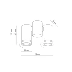 Lampa sufitowa Jet w kolorze czarnym, z dwoma punktami świetlnymi GU10. Wymiary: wysokość 135 mm, szerokość 170 mm, średnica kloszy 55 mm. Klosze ustawione w trzech kierunkach, przeznaczona do montażu sufitowego.