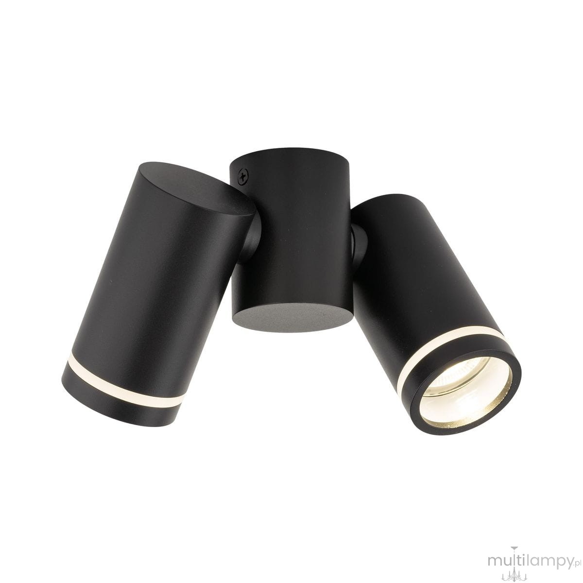 Lampa sufitowa Jet z dwoma punktami świetlnymi GU10 w kolorze czarnym. Elementy cylindryczne, matowe, z białym akcentem u dołu. Ułożona pod kątem, zamontowana na okrągłej podstawie. Idealna do nowoczesnych wnętrz.
