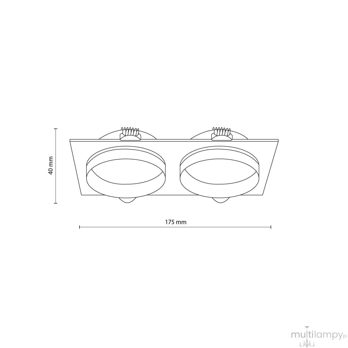 Oprawa sufitowa do zabudowy Jet w kolorze białym, przeznaczona na dwie żarówki GU10. Posiada prostokątną podstawę o wymiarach 175 mm x 40 mm oraz dwa okrągłe gniazda na żarówki, montowana na suficie.