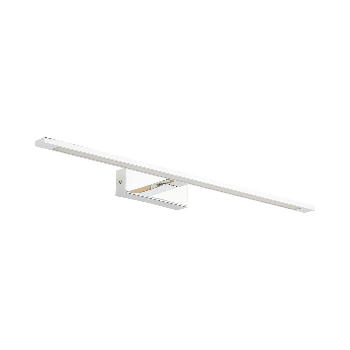Kinkiet Gallery IP44 w kolorze chromu, z jedną diodą LED o mocy 20W. Posiada prostokątny, cienki korpus montowany na ścianie. Całość ma minimalistyczny design, idealny do nowoczesnych wnętrz. Ujęcie z boku, na jednolitym tle.
