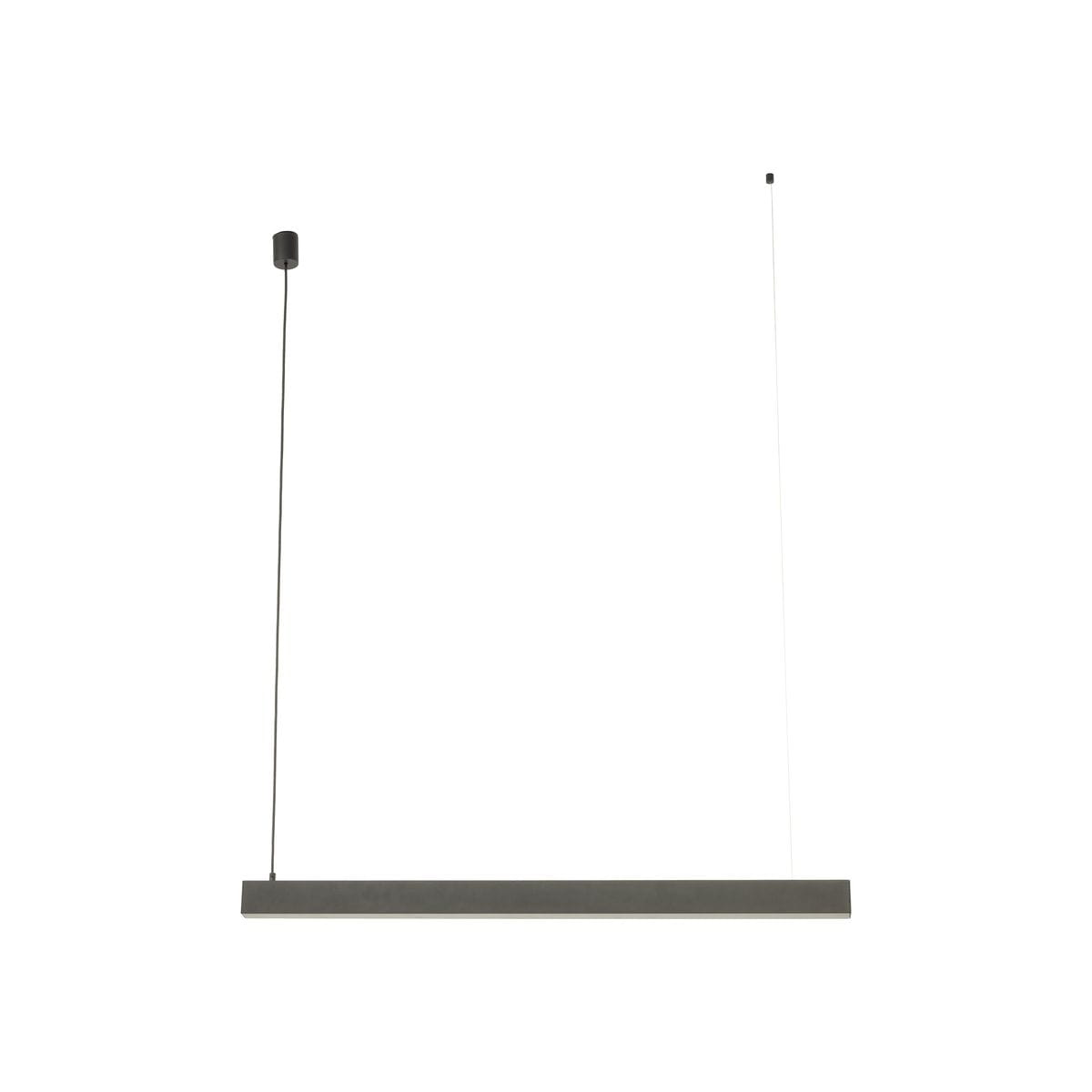 Lampa wisząca Luxe IP54, czarna, z jedną diodą LED o mocy 40W. Prosty, prostokątny kształt, zawieszona na cienkich żyłkach. Widoczny sufitowy uchwyt w kolorze czarnym. Tło białe, podkreślające nowoczesny design lampy.