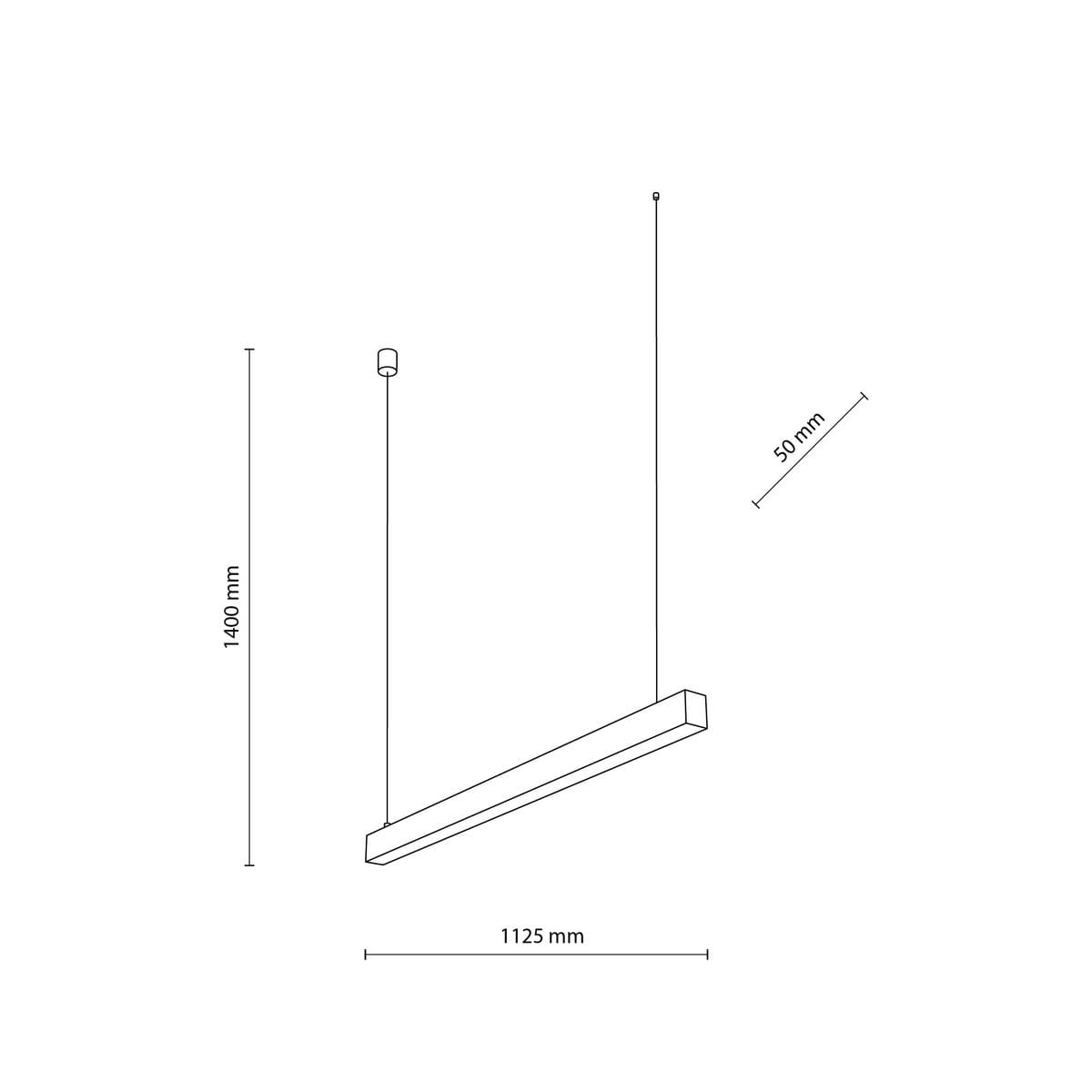 Luxe lampa wisząca IP54, czarna, z pojedynczym źródłem LED 40W. Prosty, prostokątny kształt, zwisająca na dwóch linkach. Wymiary: długość 1125 mm, wysokość 1400 mm, szerokość 50 mm. Idealna do nowoczesnych wnętrz.