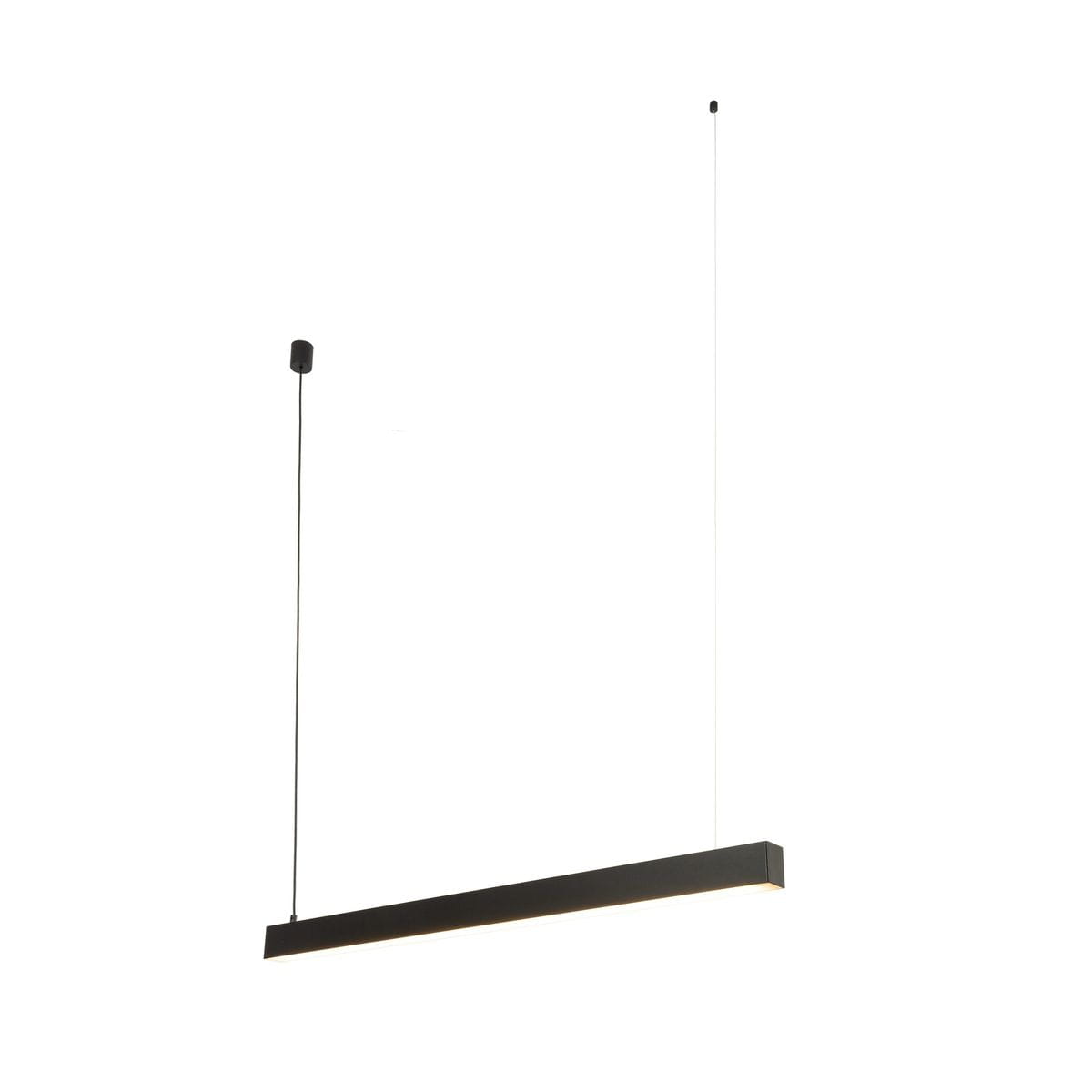 Lampa wisząca Luxe IP54 w kolorze czarnym, z jednym źródłem LED o mocy 40W. Prosty, prostokątny kształt, zawieszona na cienkich linkach, montowana sufitowo, z minimalistycznym designem. Tło białe, co podkreśla elegancję lampy.