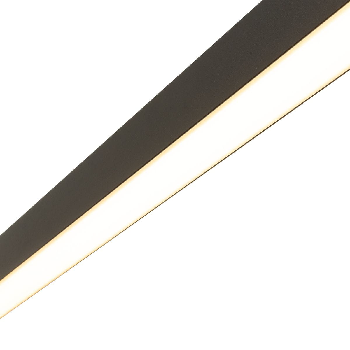 Luxe lampa wisząca w kolorze czarnym, IP54, z jedną diodą LED o mocy 40W. Widoczny kształt prostokątny, z białym podświetleniem na krawędzi. Ujęcie pod kątem, ukazujące detal i fakturę materiału.