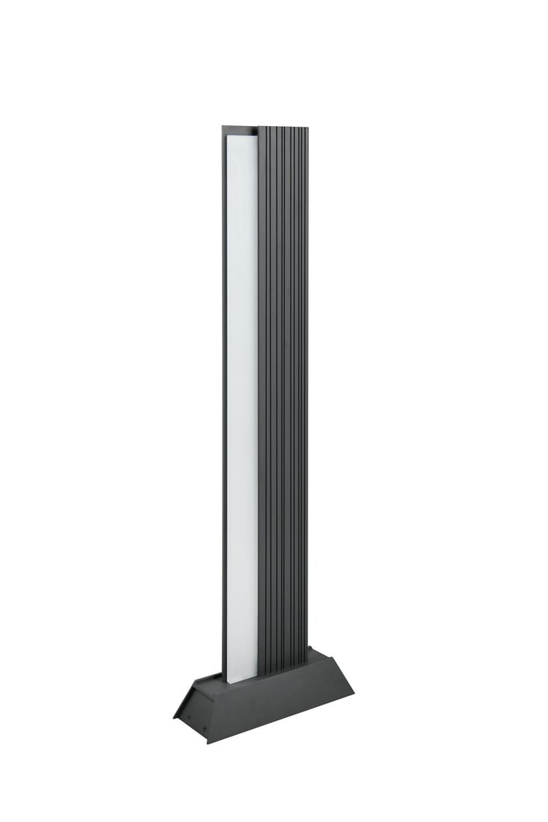 Stojąca lampa ogrodowa Mariza H100 w kolorze antracytowym, z wbudowanym źródłem światła LED 16W. Posiada prostokątny kształt z delikatnymi żłobieniami na boku. Ustawiona w pionie na stabilnej podstawie, idealna do oświetlenia przestrzeni zewnętrznej.