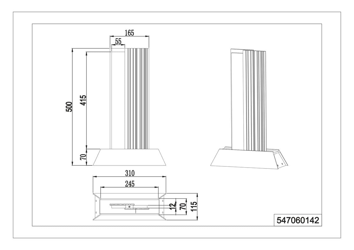 Lampa ogrodowa stojąca Mariza H50 w kolorze antracytowym, z wymiarami 500 mm wysokości i 165 mm szerokości. Zawiera źródło LED 11W, z prostokątną podstawą oraz pionowymi żłobieniami na korpusie. Widok z przodu i z boku.