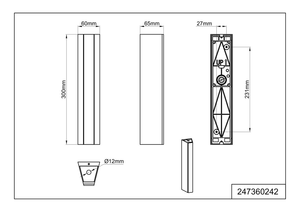 Marne kinkiet zewnętrzny w kolorze antracytowym, o wymiarach 300 mm x 60 mm x 27 mm. Posiada miejsce na 1 żarówkę LED o mocy 8,5 W. Ujęcie techniczne z widokiem na szczegóły konstrukcji i wymiary, w tym średnicę otworu montażowego 12 mm.