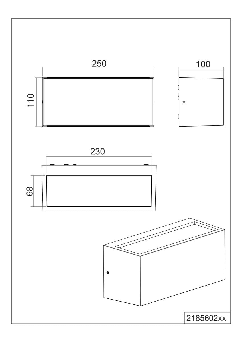 Kinkiet zewnętrzny Mayenne w kolorze antracytowym, z miejscem na dwie żarówki E14. Prosty, prostokątny kształt, wymiary 250 mm x 110 mm x 100 mm. Widoczna osłona z przodu oraz montażowy otwór z boku. Idealny do oświetlenia przestrzeni zewnętrznych.