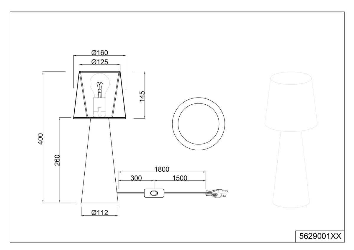 Lampa stołowa Nubian w kolorze czarnym, z oprawą na żarówkę E27. Ma cylindryczny kształt, wysokość 400 mm i szerokość 160 mm. Posiada przewód z włącznikiem. Stylowa konstrukcja z przezroczystym kloszem, idealna do nowoczesnych wnętrz.