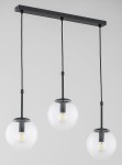 Lampa wisząca Sebia 3xE14 w kolorze czarnym z metalowym stelażem i trzema szklanymi kloszami w kształcie kul. Klosze zawieszone na długich linkach, z widocznymi żarówkami. Ujęcie frontalne, na jednolitym tle.