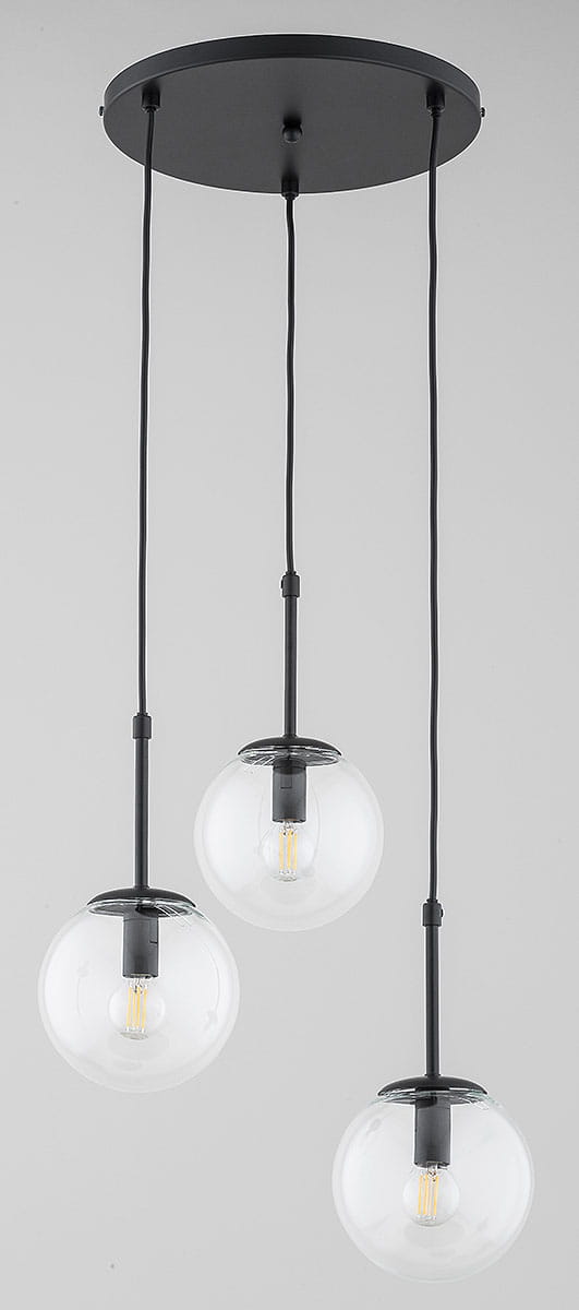 Lampa wisząca Sebia 3xE14 w kolorze czarnym z trzema szklanymi kloszami w kształcie kul. Klosze zawieszone na cienkich linkach, przymocowane do okrągłej podstawy. Stylowy element oświetleniowy, idealny do nowoczesnych wnętrz.