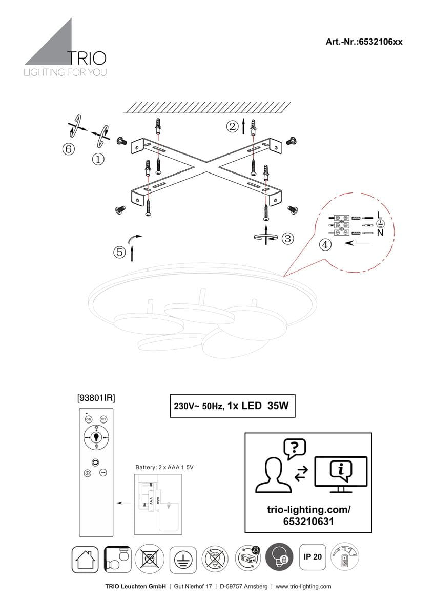 Lampa sufitowa Mandala w kolorze czarnym i złotym, z pilotem, z sześcioma diodami LED o mocy 35W. Ujęcie z góry, pokazujące okrągłe klosze i elementy montażowe. Prosty, nowoczesny design, idealna do różnych wnętrz.