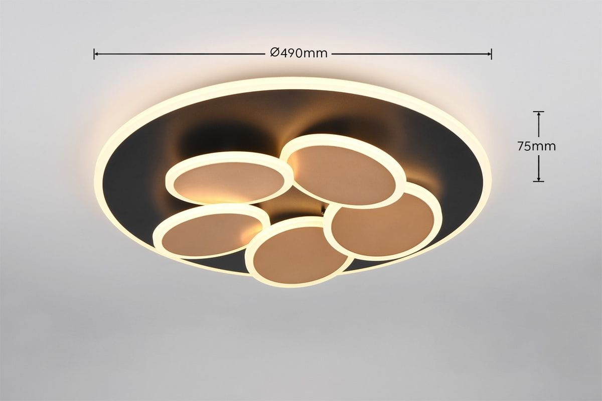 Lampa sufitowa Mandala w kolorze czarnym i złotym, o średnicy 490 mm i wysokości 75 mm, z sześcioma okrągłymi panelami LED. Ujęcie frontalne, z widocznymi detalami konstrukcji oraz wbudowanym pilotem do zdalnego sterowania.