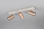 Lampa sufitowa Marley z trzema reflektorami GU10 w białym metalowym uchwycie, z cylindrycznymi kloszami w kolorze kawowym. Reflektory są regulowane, co pozwala na skierowanie światła w różnych kierunkach. Montaż sufitowy, nowoczesny design.