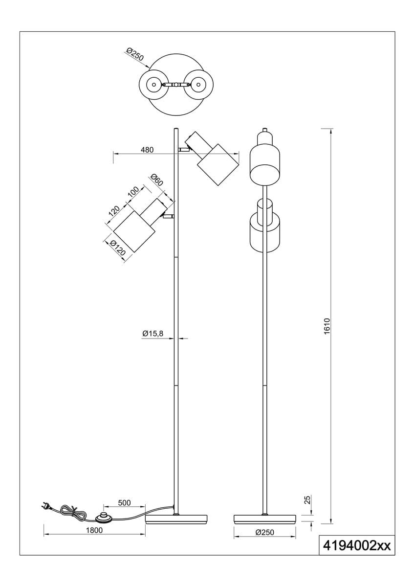 Lampa podłogowa Agudo, czarna, z dwoma źródłami światła E27. Prosta konstrukcja z okrągłą podstawą o średnicy 250 mm, wysoka na 1610 mm. Dwa klosze: jeden kwadratowy, drugi cylindryczny, umieszczone na regulowanych ramionach.