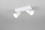 Biała lampa sufitowa Sharp z dwoma spotami GU10, zamontowana na prostokątnej podstawie. Kąt ujęcia z dołu, pokazujący lekko zaokrąglone klosze oraz źródła światła. Tło w jasnoszarym odcieniu, minimalistyczne.