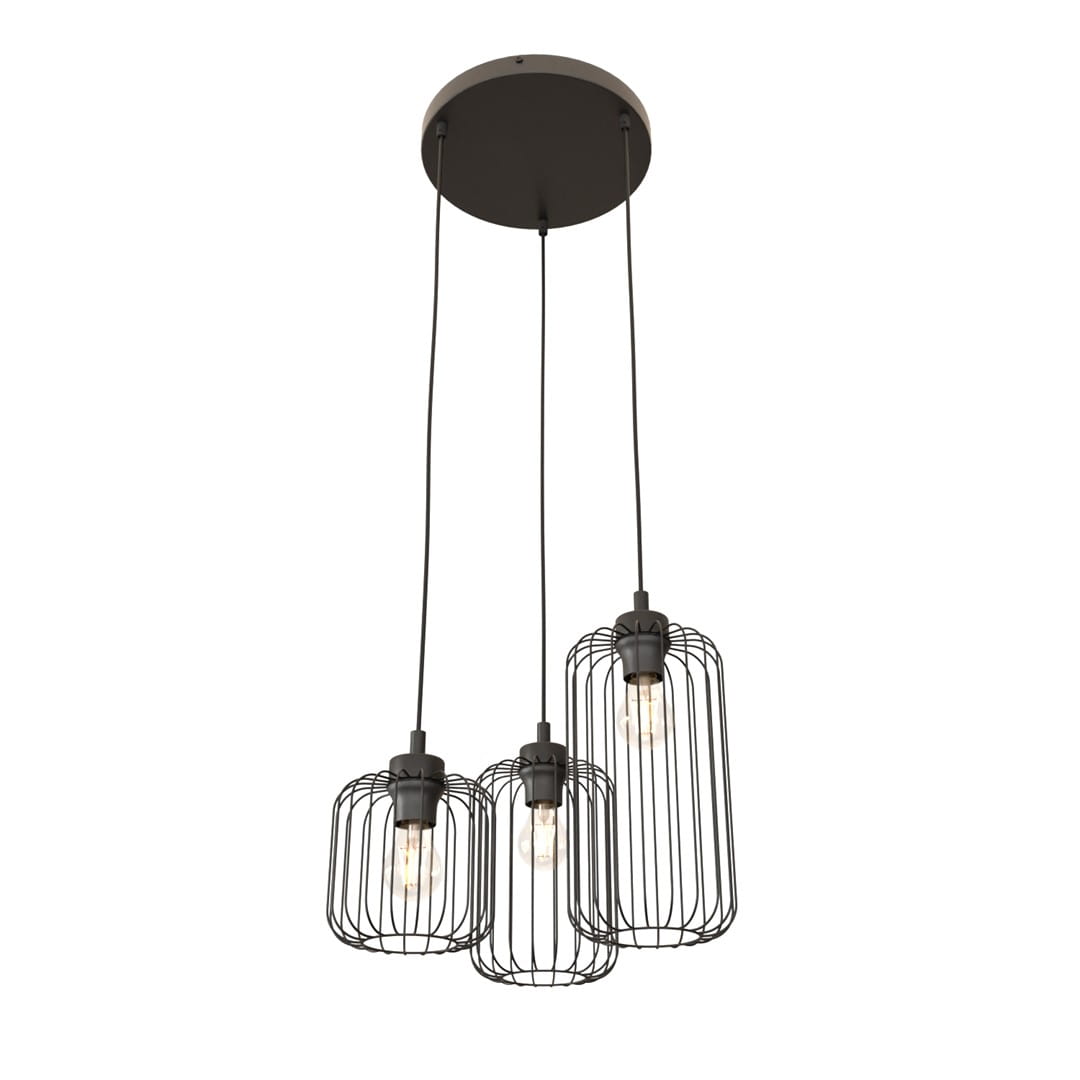 Lampa wisząca Vander z trzema kloszami w kształcie prostokątów, wykonana z czarnej siatki metalowej. Klosze zawieszone na długich linkach, montowane na okrągłej, czarnej podstawie sufitowej. Widoczne żarówki E27.