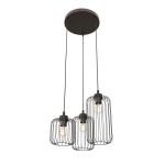 Lampa wisząca Vander z trzema kloszami w kształcie prostokątów, wykonana z czarnej siatki metalowej. Klosze zawieszone na długich linkach, montowane na okrągłej, czarnej podstawie sufitowej. Widoczne żarówki E27.