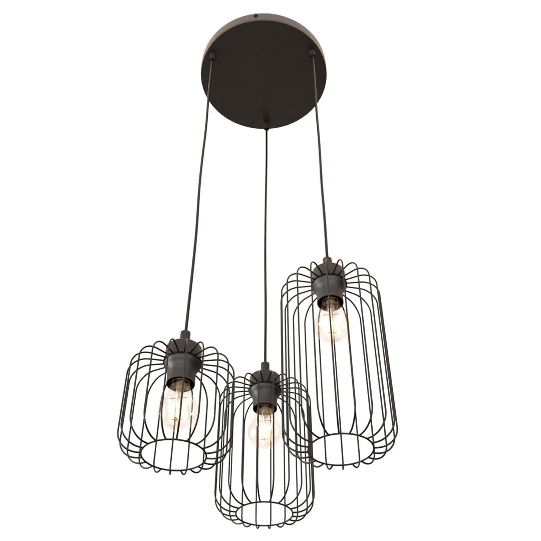 Lampa wisząca Vander 3xE27 w kolorze czarnym z trzech metalowych kloszy w formie siatki. Ułożona w dół, zamontowana na okrągłej podstawie. Widoczne żarówki w środku kloszy, które nadają industrialny charakter.