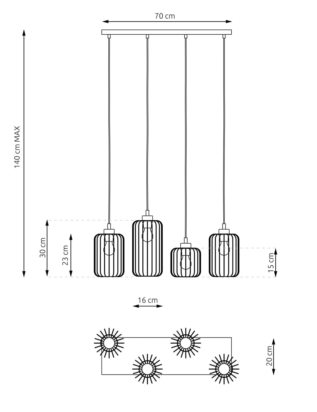 Lampa wisząca Vander 4BL w kolorze czarnym, z czterema oprawkami E27. Wymiary: szerokość 70 cm, wysokość max 140 cm, długość zwisu 30 cm. Klasyczny design z prostymi, geometrycznymi kształtami.