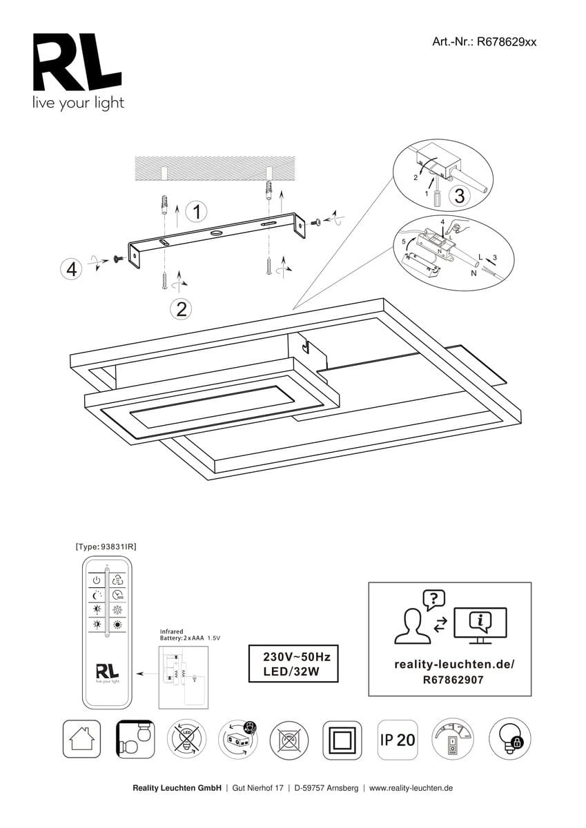 Czarna lampa sufitowa Spiro z dwoma źródłami LED o mocy 32W, z pilotem do zdalnego sterowania. Posiada prostokątne, nowoczesne kształty. Widok z góry, z zamontowanym uchwytem montażowym. Idealna do wnętrz.