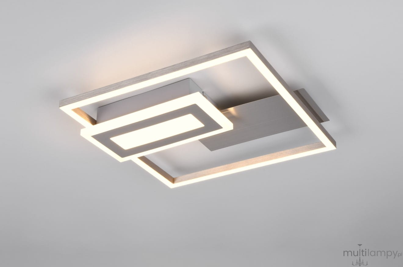 Lampa sufitowa Spiro w kolorze niklu z dwoma źródłami światła LED o mocy 22W. Posiada nowoczesny, geometryczny kształt z prostokątnymi ramkami, montowana na suficie, w jasnym, neutralnym tle.