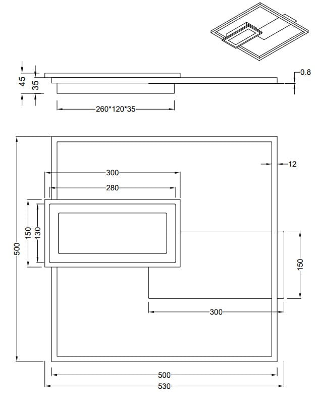 Czarna lampa sufitowa Spiro z pilotem, z dwoma źródłami LED o mocy 32W. Kwadratowy kształt, wymiary 530x500x45 mm, z dodatkowym prostokątnym panelem. Nowoczesny design, idealna do różnych wnętrz.