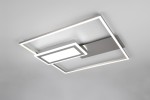 Lampa sufitowa Spiro w kolorze niklu, z dwiema diodami LED o mocy 32W. Posiada nowoczesny, geometryczny kształt z centralnym panelem i prostokątną ramą. Ujęcie z dołu, montowana na suficie, z pilotem do zdalnego sterowania.
