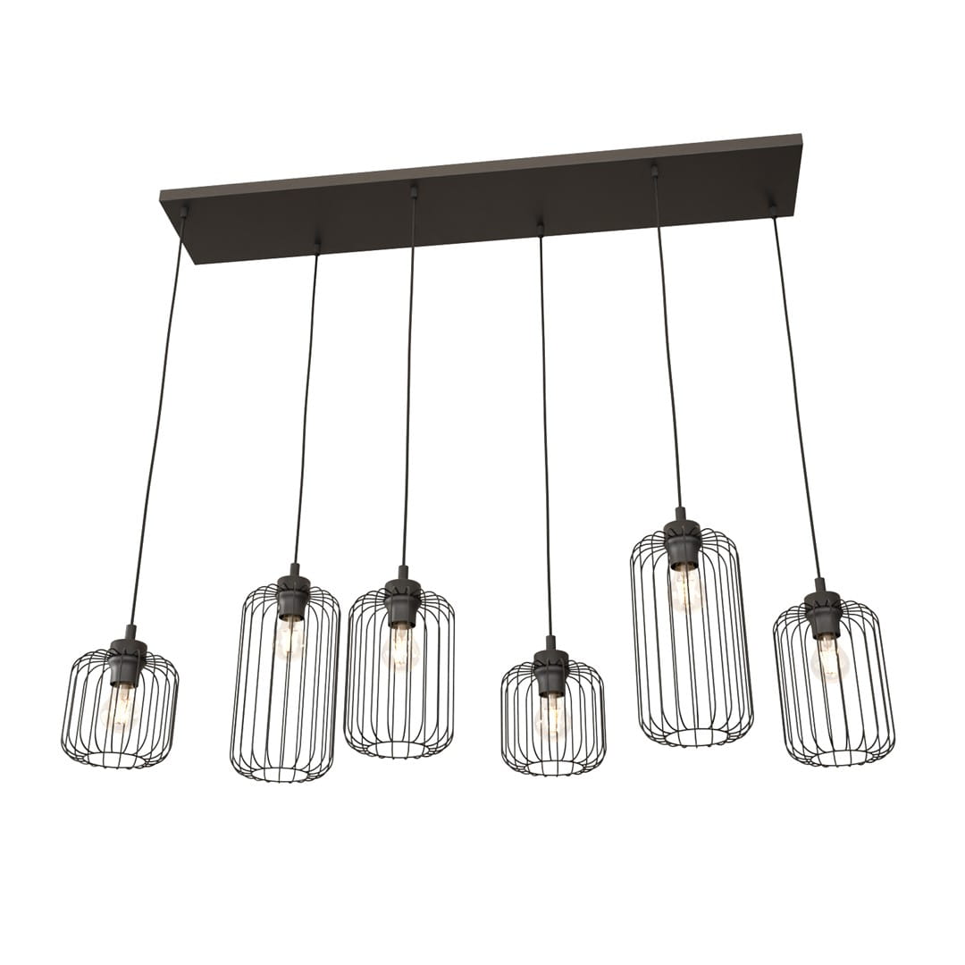 Lampa wisząca Vander 6BL z sześcioma kloszami w czarnym metalowym wykończeniu. Klosze w formie siatkowej, zawieszone na cienkich linkach, montowane na prostokątnej podstawie. Źródło światła E27, nowoczesny design.