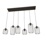 Lampa wisząca Vander 6BL z sześcioma kloszami w czarnym metalowym wykończeniu. Klosze w formie siatkowej, zawieszone na cienkich linkach, montowane na prostokątnej podstawie. Źródło światła E27, nowoczesny design.